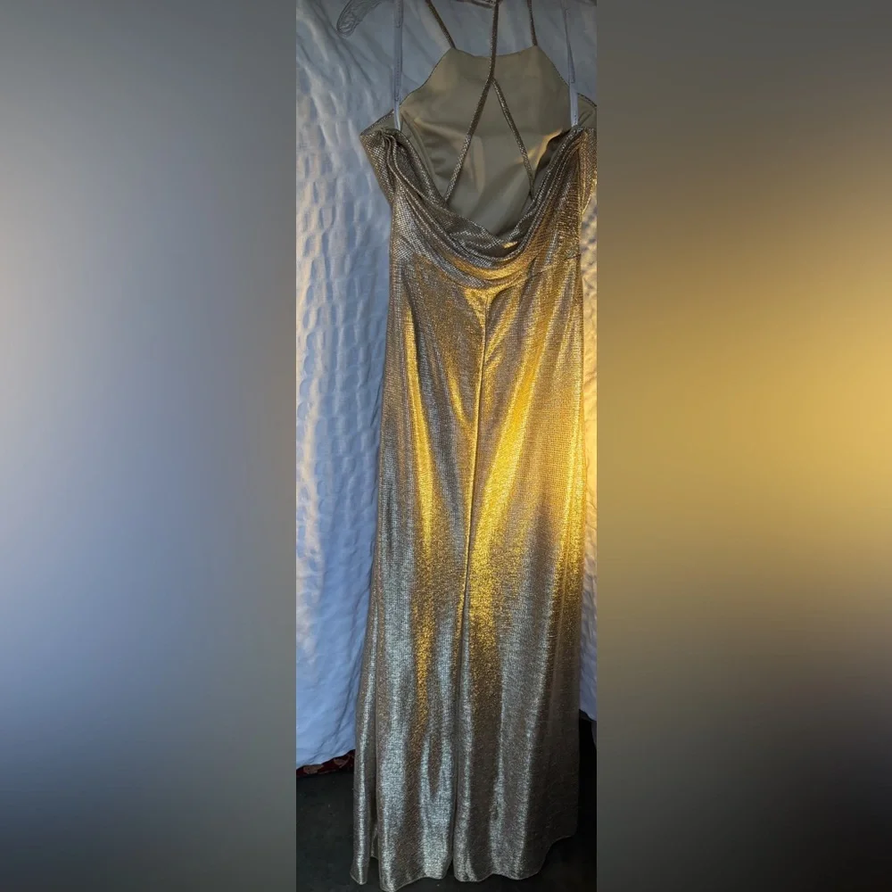 Hayley Paige Occasions Shimmering Gold Maxi Dress - Picture 5 of 8